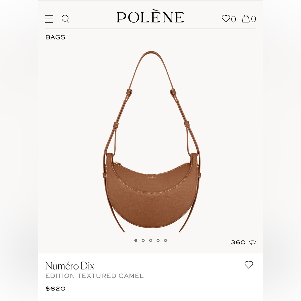 POLENE Numero Dix Crescent Bag Made In Spain Calf Leather Textured Camel New